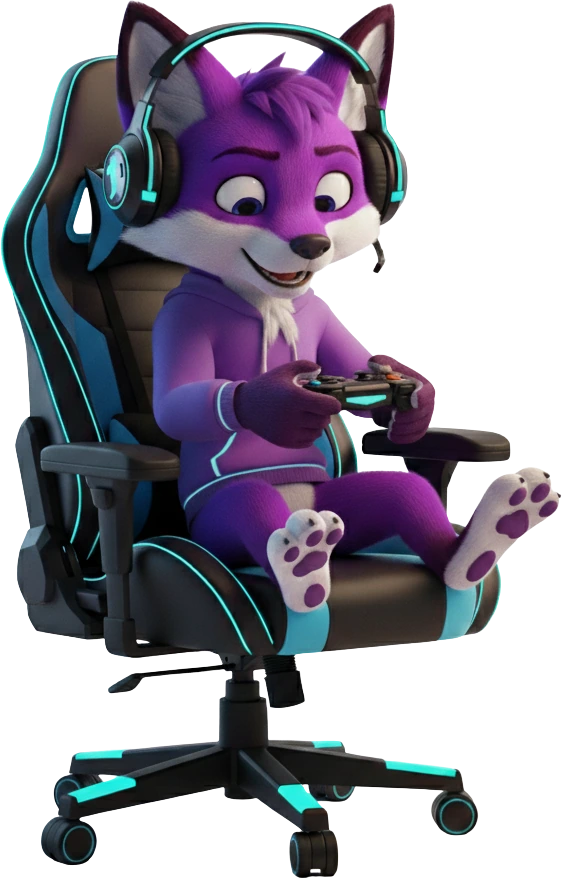 Fiby jogando, com headset e controle